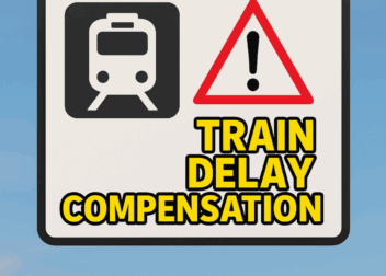 Digital graphic with a train icon and bold text reading "Train Delayed? Claim Compensation" on a station background.