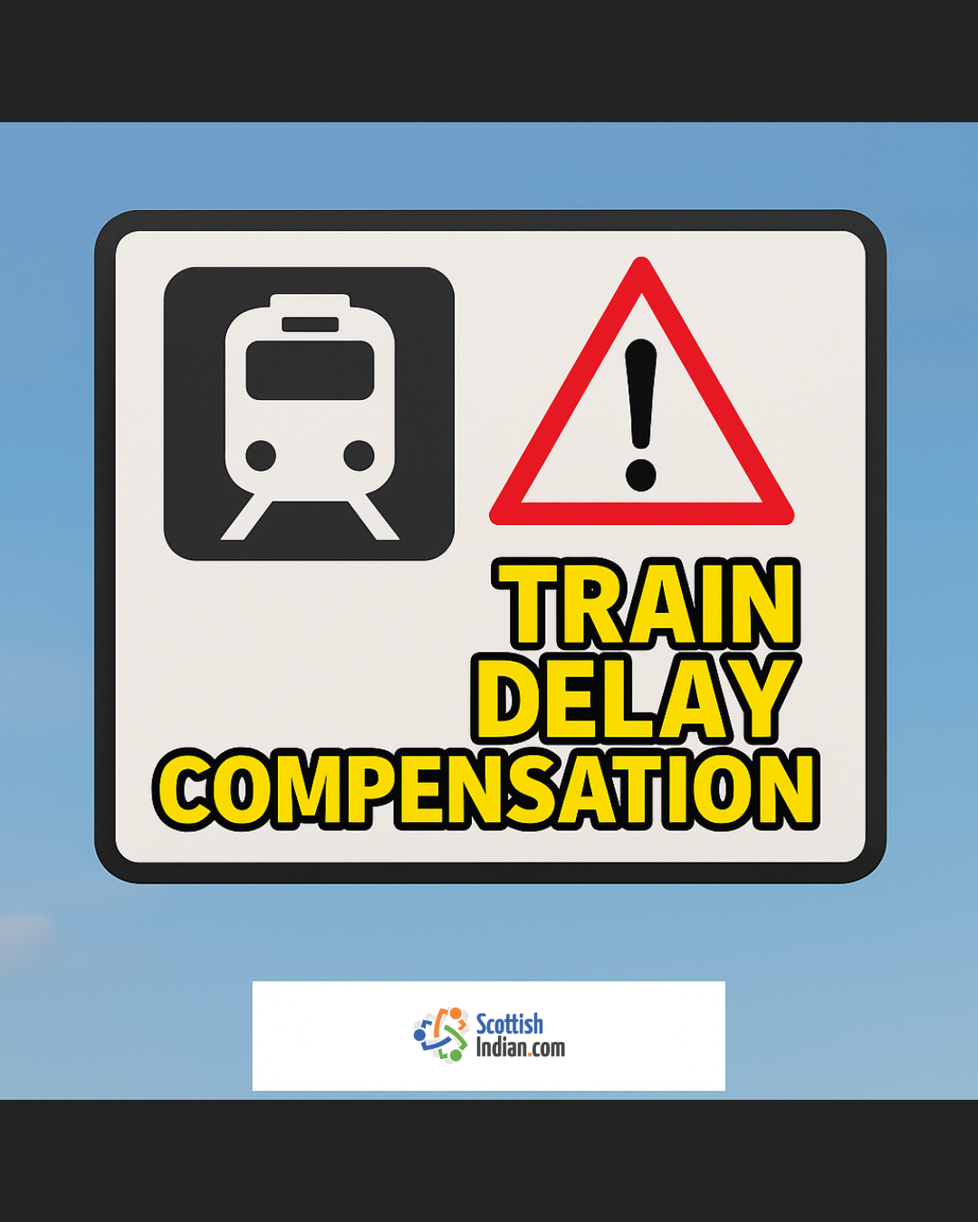 Digital graphic with a train icon and bold text reading "Train Delayed? Claim Compensation" on a station background.