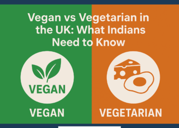 Side-by-side comparison of vegan and vegetarian diets in the UK, with icons showing leaves for vegan and cheese with egg for vegetarian, designed for Indian audiences.