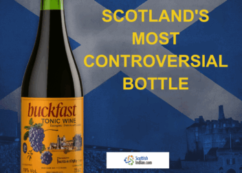 A bottle of Buckfast tonic wine placed against the backdrop of a Scottish flag and Edinburgh Castle. Bold yellow and white text reads: “BUCKFAST?! SCOTLAND'S MOST CONTROVERSIAL BOTTLE.” A red banner below states: Not whisky. Not Irn-Bru. This one divides opinions.