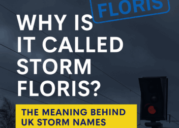 Dark stormy sky over UK railway crossing with red traffic light, featuring bold text “Why Is It Called Storm Floris? The Meaning Behind UK Storm Names” and ScottishIndian.com logo.