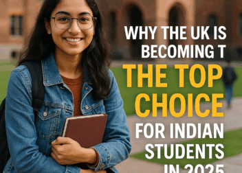 Smiling Indian student holding a notebook on a UK university campus with text highlighting why the UK is the top choice for Indian students in 2025.