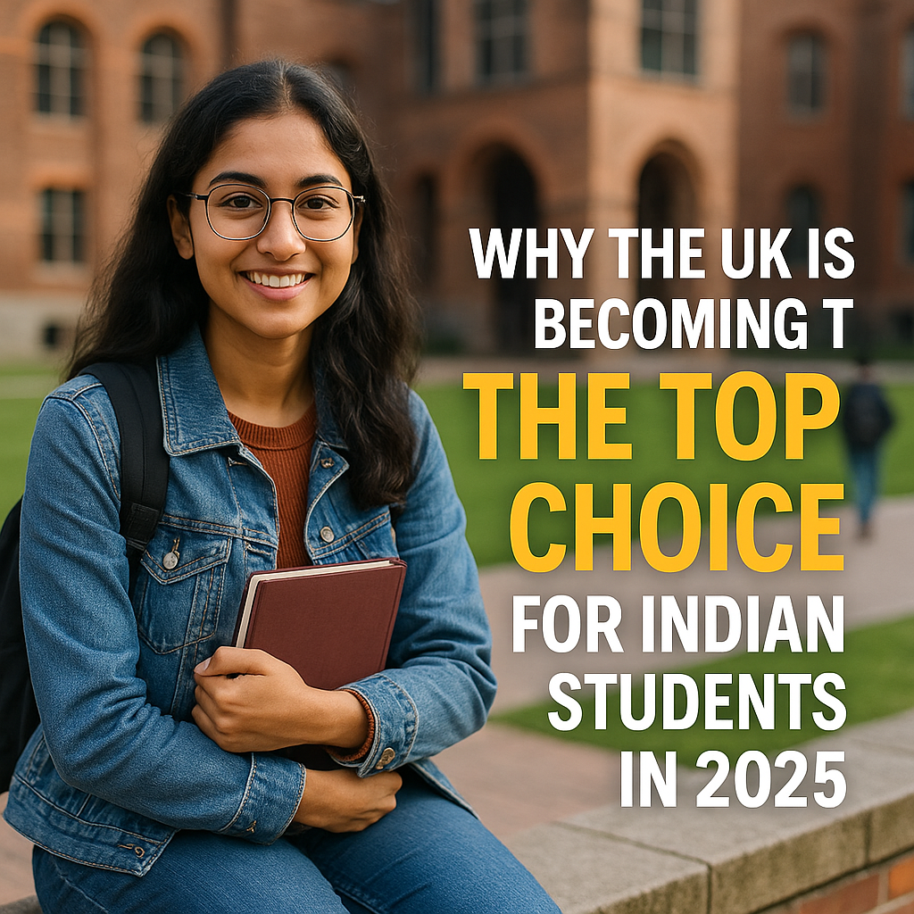 Smiling Indian student holding a notebook on a UK university campus with text highlighting why the UK is the top choice for Indian students in 2025.