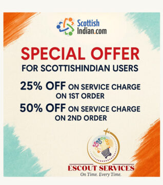 Promotional banner offering discounts for ScottishIndian.com users on Escout Services, with 25% off the first order and 50% off the second order.