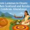 Illustration of Lammas and Onam harvest festivals showing Scottish bread, wheat fields, Kerala pookalam, Onam Sadya meal, and snake boat race under the title ‘From Lammas to Onam: When Scotland and Kerala Celebrate Abundance