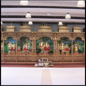 Leith Hindu Mandir altar with deities and traditional temple decorations in Edinburgh.