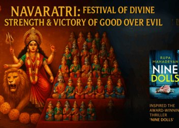Navaratri festival with Goddess Durga, Bommai Golu doll display, and book cover of Nine Dolls thriller by Rupa Mahadevan