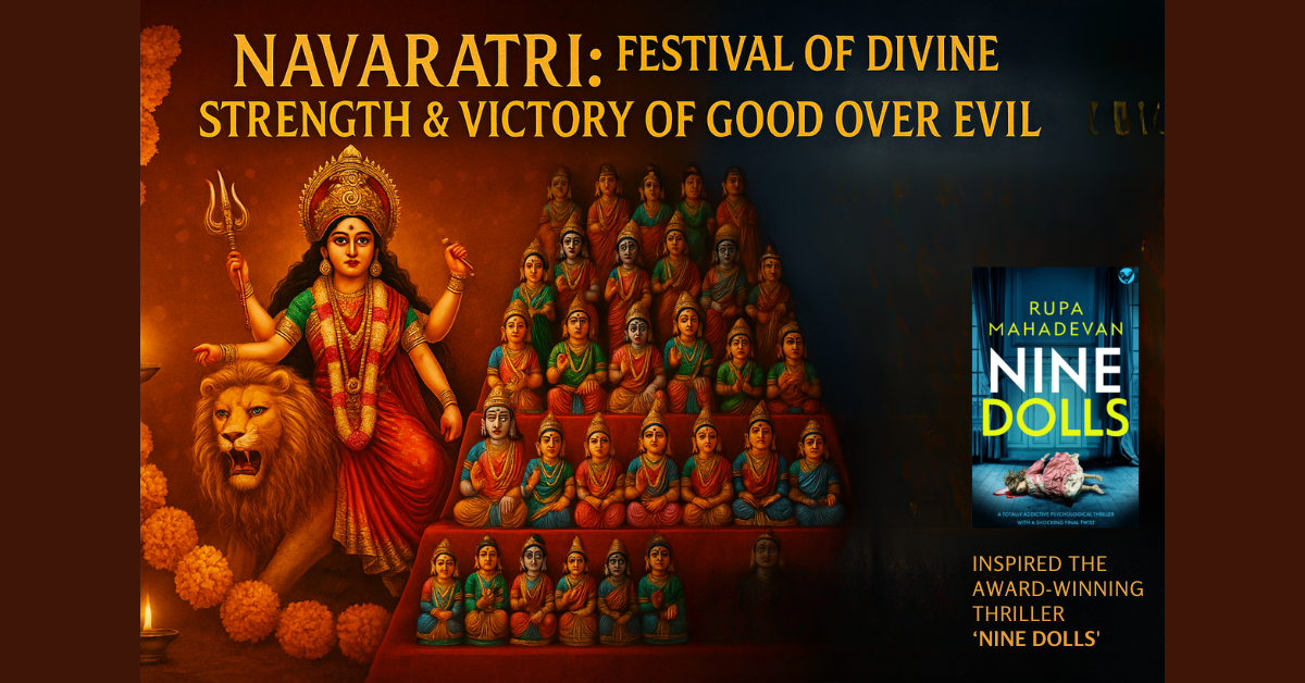 Navaratri festival with Goddess Durga, Bommai Golu doll display, and book cover of Nine Dolls thriller by Rupa Mahadevan