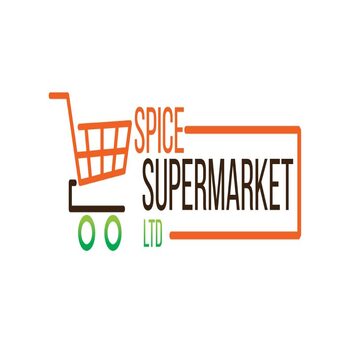 Spice Supermarket Ltd logo with shopping cart design in orange, green, and black.