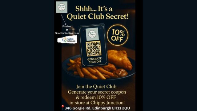 Promotional poster for Quiet Club showing fish and chips with a coupon QR code offering 10% off at Chippy Junction, Edinburgh.