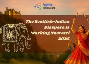 Navratri 2025 feature image with elephant motif, Edinburgh Castle silhouette, and Garba dancers, symbolising Maa Durga’s arrival on an elephant.