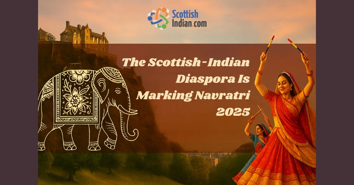 Navratri 2025 feature image with elephant motif, Edinburgh Castle silhouette, and Garba dancers, symbolising Maa Durga’s arrival on an elephant.