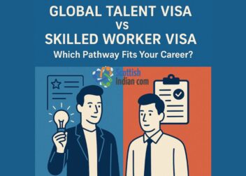 Illustration comparing Global Talent Visa and Skilled Worker Visa, with one person holding a lightbulb for innovation and another with a clipboard for structured employment.