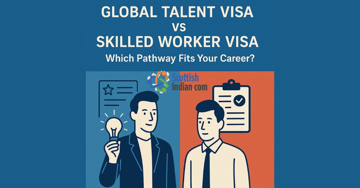 Illustration comparing Global Talent Visa and Skilled Worker Visa, with one person holding a lightbulb for innovation and another with a clipboard for structured employment.