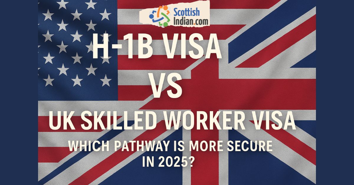 Feature image showing U.S. and UK flags with text “H-1B Visa vs UK Skilled Worker Visa – Which Pathway Is More Secure in 2025?” and ScottishIndian.com logo.