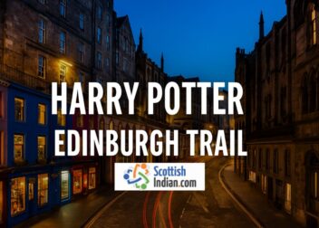 Victoria Street in Edinburgh at twilight with glowing shopfronts, often linked to Diagon Alley, overlaid with text “Harry Potter Edinburgh Trail” and ScottishIndian.com logo.