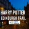 Victoria Street in Edinburgh at twilight with glowing shopfronts, often linked to Diagon Alley, overlaid with text “Harry Potter Edinburgh Trail” and ScottishIndian.com logo.