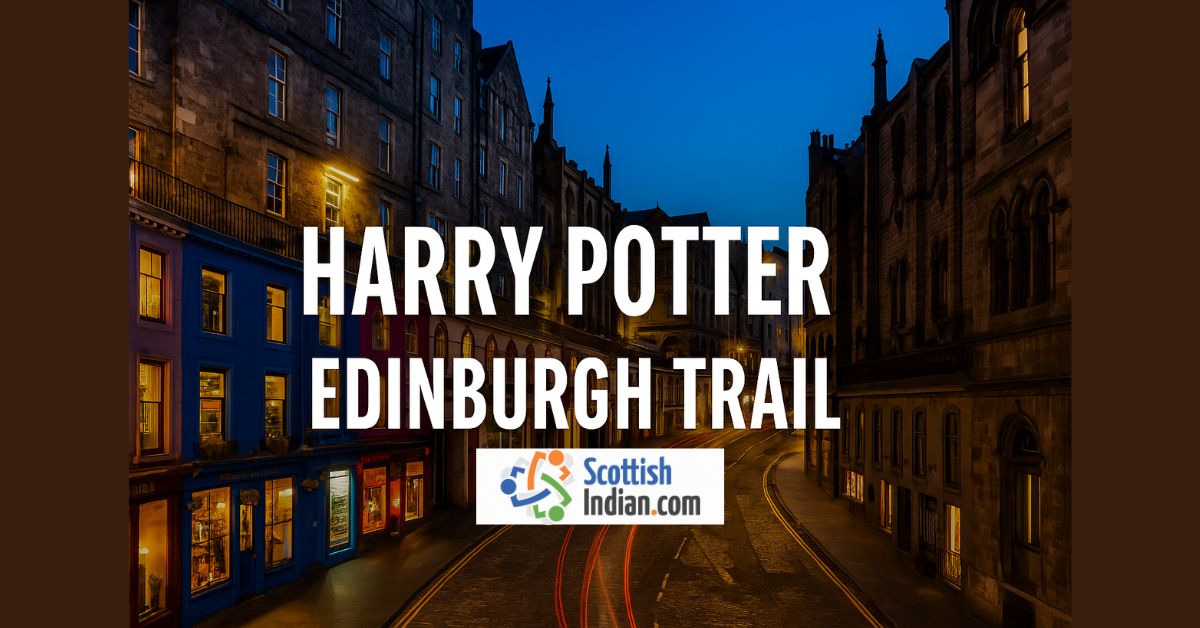 Victoria Street in Edinburgh at twilight with glowing shopfronts, often linked to Diagon Alley, overlaid with text “Harry Potter Edinburgh Trail” and ScottishIndian.com logo.