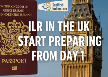 Feature image with a UK passport and Big Ben in the background. Text overlay reads: “ILR in the UK – Start Preparing from Day 1” with ScottishIndian.com logo.