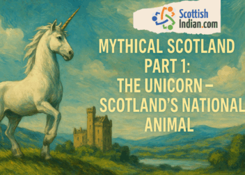 Illustrated blog cover showing a majestic unicorn before a Scottish castle with misty Highlands backdrop. Text overlay: “Mythical Scotland Part 1: The Unicorn – Scotland’s National Animal.”