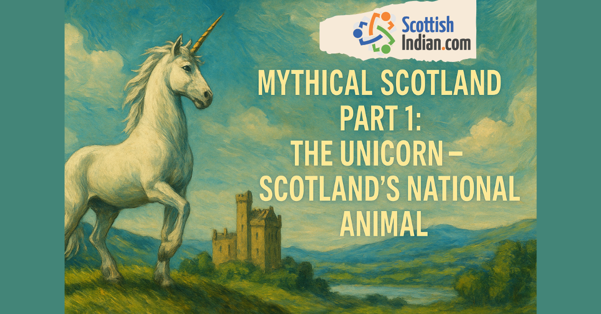 Illustrated blog cover showing a majestic unicorn before a Scottish castle with misty Highlands backdrop. Text overlay: “Mythical Scotland Part 1: The Unicorn – Scotland’s National Animal.”