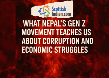 Blog cover image with ScottishIndian.com logo and bold text: “What Nepal's Gen Z Movement Teaches Us About Corruption and Economic Struggles” on a fiery red artistic background.