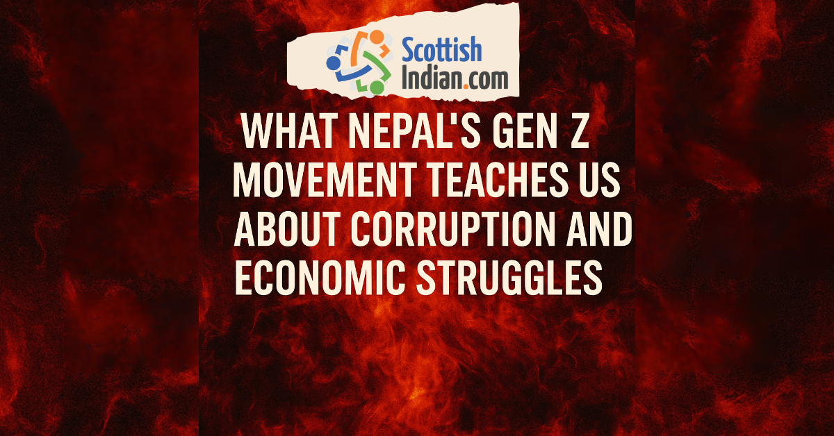Blog cover image with ScottishIndian.com logo and bold text: “What Nepal's Gen Z Movement Teaches Us About Corruption and Economic Struggles” on a fiery red artistic background.