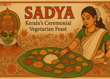 Traditional illustration of Kerala Sadya feast served on a banana leaf, with a woman in traditional attire, Kathakali mask, and cultural motifs.