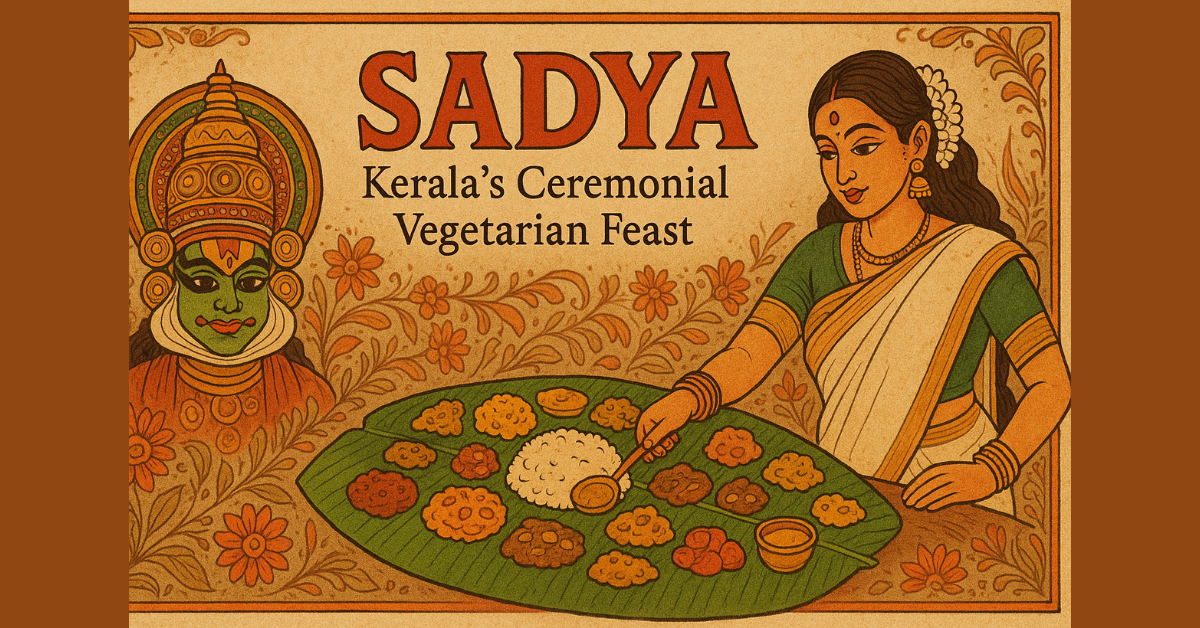 Traditional illustration of Kerala Sadya feast served on a banana leaf, with a woman in traditional attire, Kathakali mask, and cultural motifs.