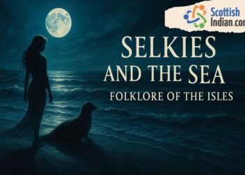 Digital artwork of a mystical woman and a seal on a moonlit Scottish shoreline, representing selkie folklore. Text overlay: “Selkies and the Sea – Folklore of the Isles”.