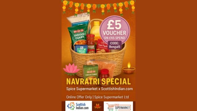 Navratri special £5 voucher offer on £45 spend. Festive grocery basket with Indian items, diya lamps, garlands, and voucher code Bengal5. Promo by Spice Supermarket x ScottishIndian.com.
