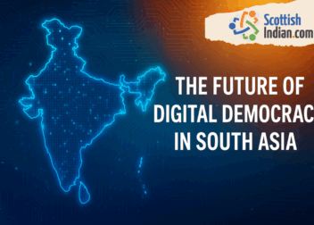Digital map of South Asia glowing in neon blue with circuit patterns, blog cover text “The Future of Digital Democracy in South Asia” and ScottishIndian.com logo.