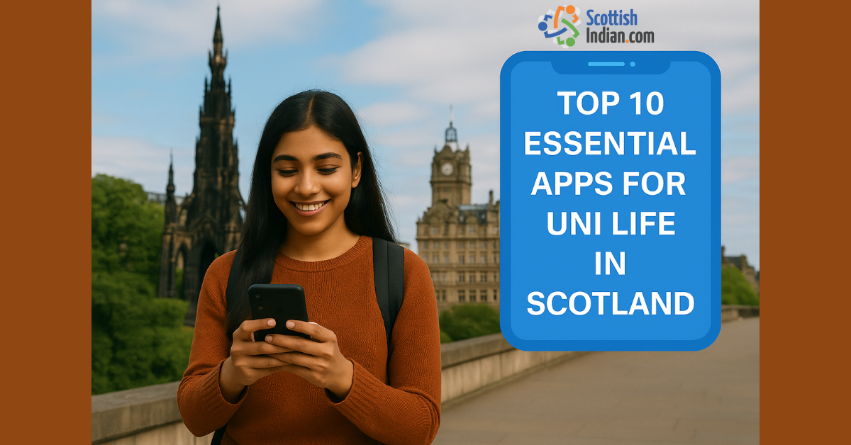 South Asian student in Edinburgh smiling while using a smartphone, with Scott Monument and Balmoral Hotel in the background. Text overlay: “Top 10 Essential Apps for Uni Life in Scotland” with ScottishIndian.com logo.
