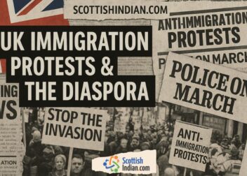 Newspaper-style collage graphic with protest headlines, UK flag, and bold title “UK Immigration Protests & The Diaspora,” created for ScottishIndian.com.