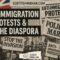 Newspaper-style collage graphic with protest headlines, UK flag, and bold title “UK Immigration Protests & The Diaspora,” created for ScottishIndian.com.