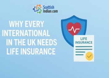 Digital feature image for blog “Why Every International in the UK Needs Life Insurance,” showing NHS healthcare on one side and a family under a protective shield labelled “Life Insurance.”
