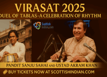 Promotional banner for Virasat 2025 tabla concert featuring Pandit Sanju Sahai and Ustad Akram Khan with call-to-action to buy tickets at ScottishIndian.com