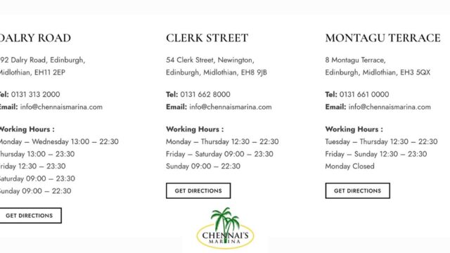 Contact details and working hours for Chennai’s Marina’s three branches in Edinburgh — Dalry Road, Clerk Street, and Montagu Terrace — each with phone numbers, emails, and a “Get Directions” button below the logo.