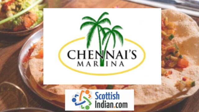 Logo of Chennai’s Marina featuring green palm trees and a yellow oval outline, placed over a blurred background of South Indian dishes, with the ScottishIndian.com logo displayed below.