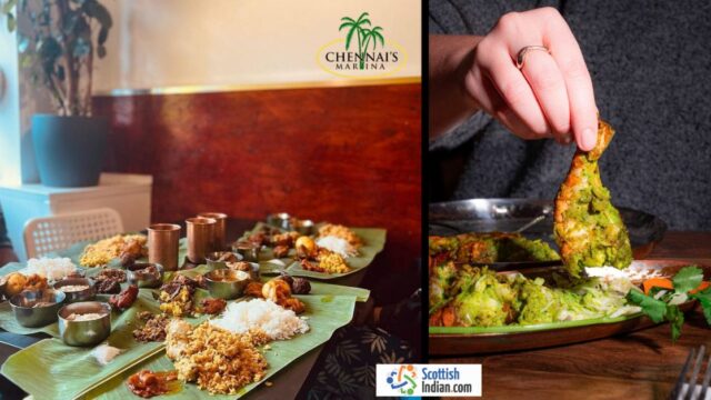 A South Indian meal served on banana leaves with rice, curries, and side dishes, alongside a hand holding a green-spiced grilled chicken piece, featuring Chennai’s Marina and ScottishIndian.com logos.