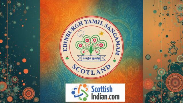 Logo of Edinburgh Tamil Sangam Scotland featuring a colorful peacock emblem with Tamil script, placed over an artistic background blending orange and blue hues with floral and mandala motifs, alongside the ScottishIndian.com logo.