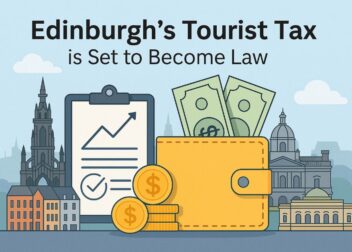 Illustration of Edinburgh’s tourist tax policy showing money, a wallet, buildings, and a legal chart, symbolising economic impact on the city.
