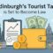 Illustration of Edinburgh’s tourist tax policy showing money, a wallet, buildings, and a legal chart, symbolising economic impact on the city.
