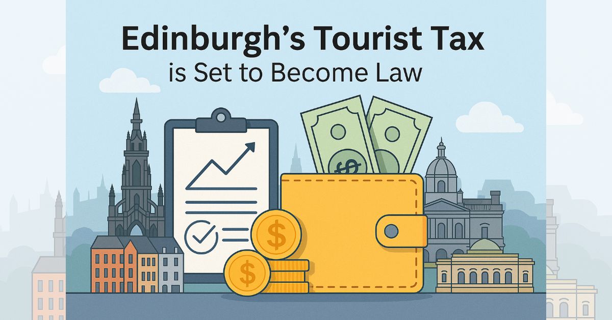Illustration of Edinburgh’s tourist tax policy showing money, a wallet, buildings, and a legal chart, symbolising economic impact on the city.