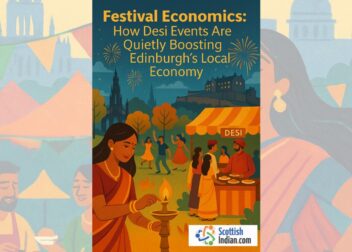 Illustration of South Asian festival in Edinburgh featuring food stalls, fireworks, dancers, and cultural elements symbolising economic contribution.