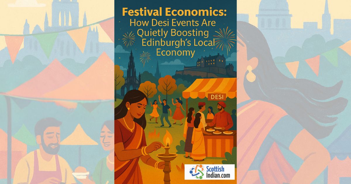 Illustration of South Asian festival in Edinburgh featuring food stalls, fireworks, dancers, and cultural elements symbolising economic contribution.