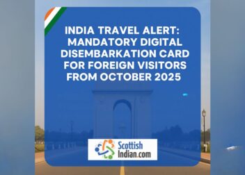 Graphic showing India Gate with notice about India’s mandatory Digital Disembarkation Card for foreign visitors effective October 2025, by ScottishIndian.com.