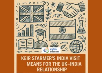 Doodle-style illustration of UK and India partnership showing Union Jack, Indian flag, handshake, education, trade, and innovation icons, representing Keir Starmer’s India visit and its impact on bilateral relations.