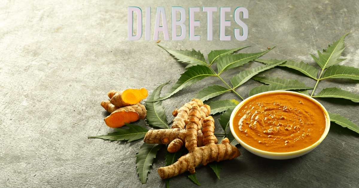 Ayurvedic herbs, bitter gourd, fenugreek seeds, and balanced Indian plate promoting healthy blood sugar naturally