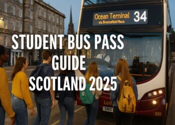 A group of students waits to board a Lothian bus to Ocean Terminal in Edinburgh, Scotland, during the evening. The image is overlaid with the text “Student Bus Pass Guide Scotland 2025.”